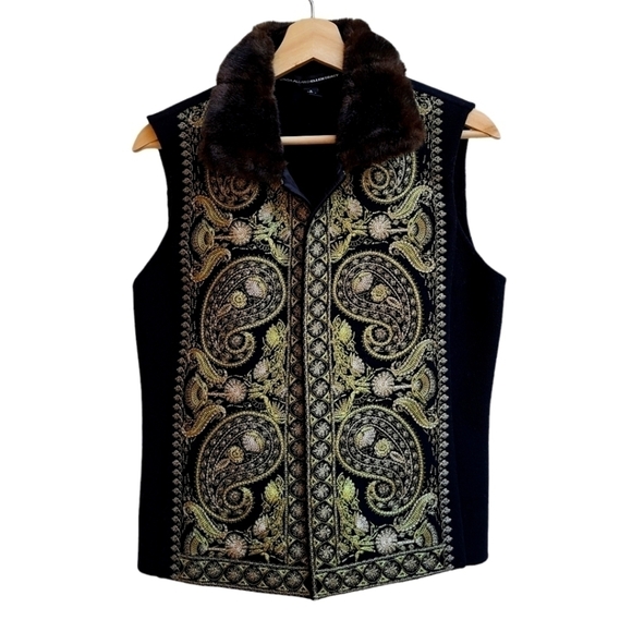 Wool Vest with Embroidery and Faux Fur Collar, Size Medium - Picture 1 of 10